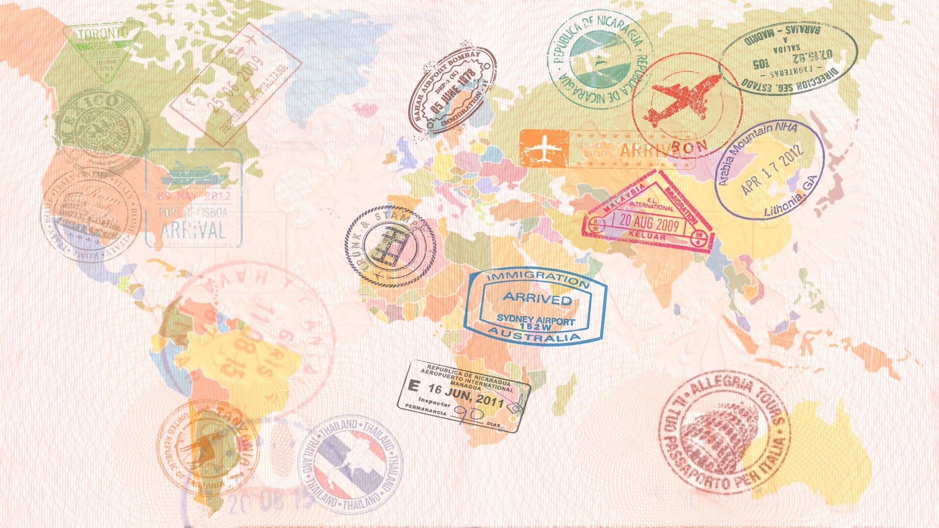 World map with Visas, Stamps, Seals. Travel concept